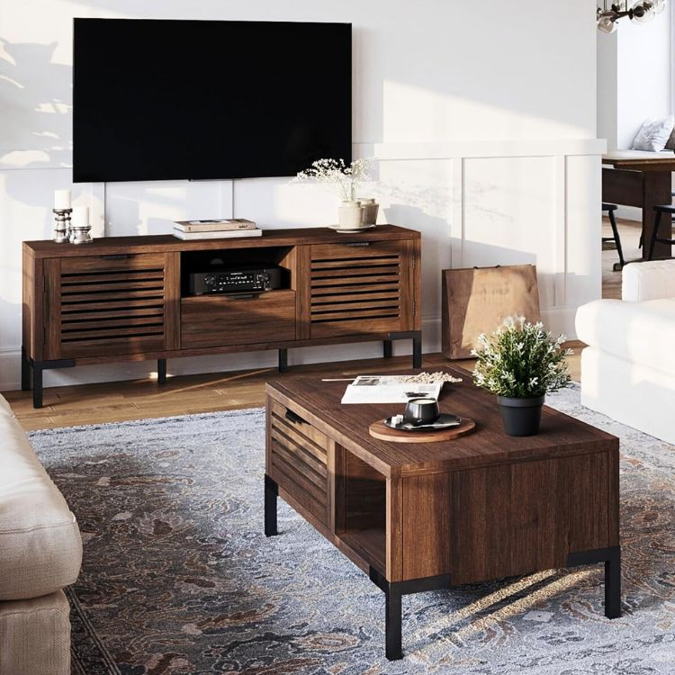 Coffee Table with Slatted Storage Drawers & Supporting Metal Legs