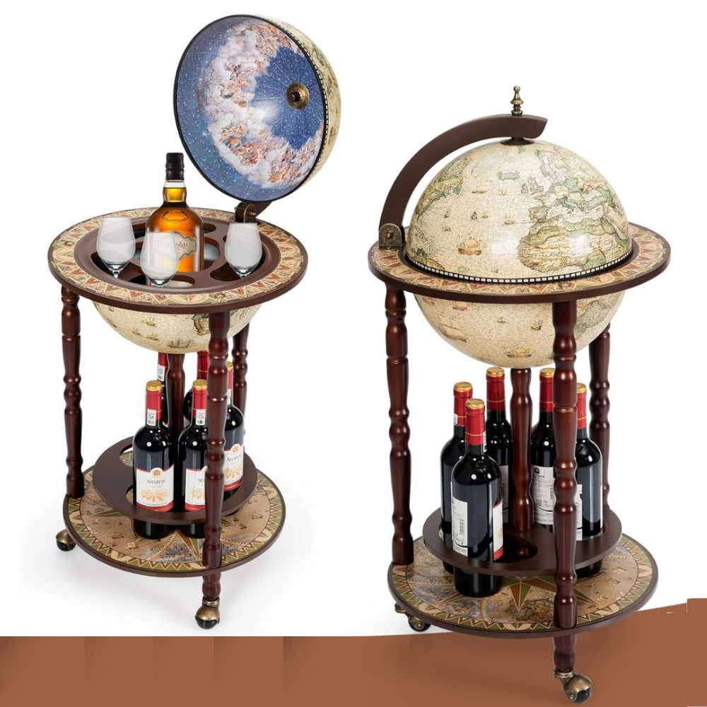 World Map Bar Liquor Cart Cabinet with 360 Swivel Wheels