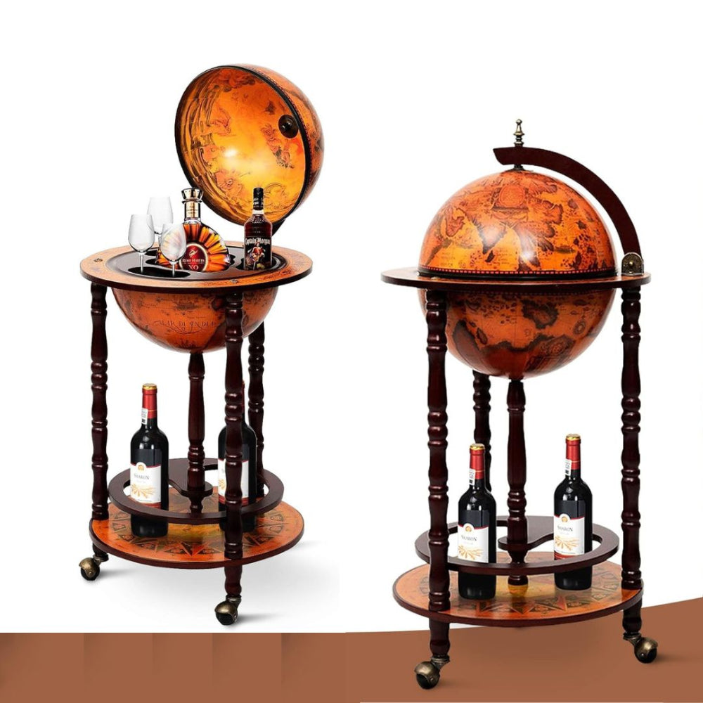 World Map Bar Liquor Cart Cabinet with 360 Swivel Wheels