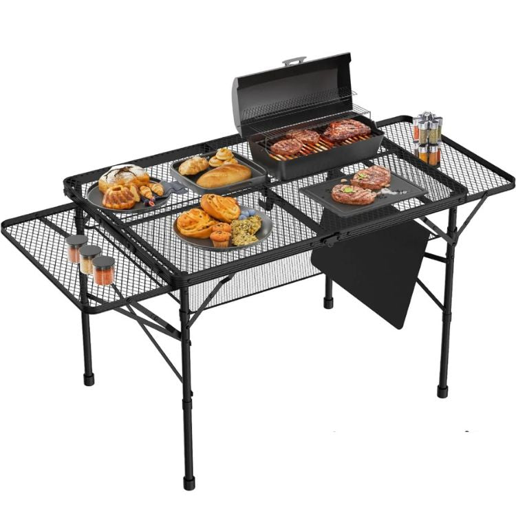 Folding Camping Grill Table with Mesh & 2 Wings Panels