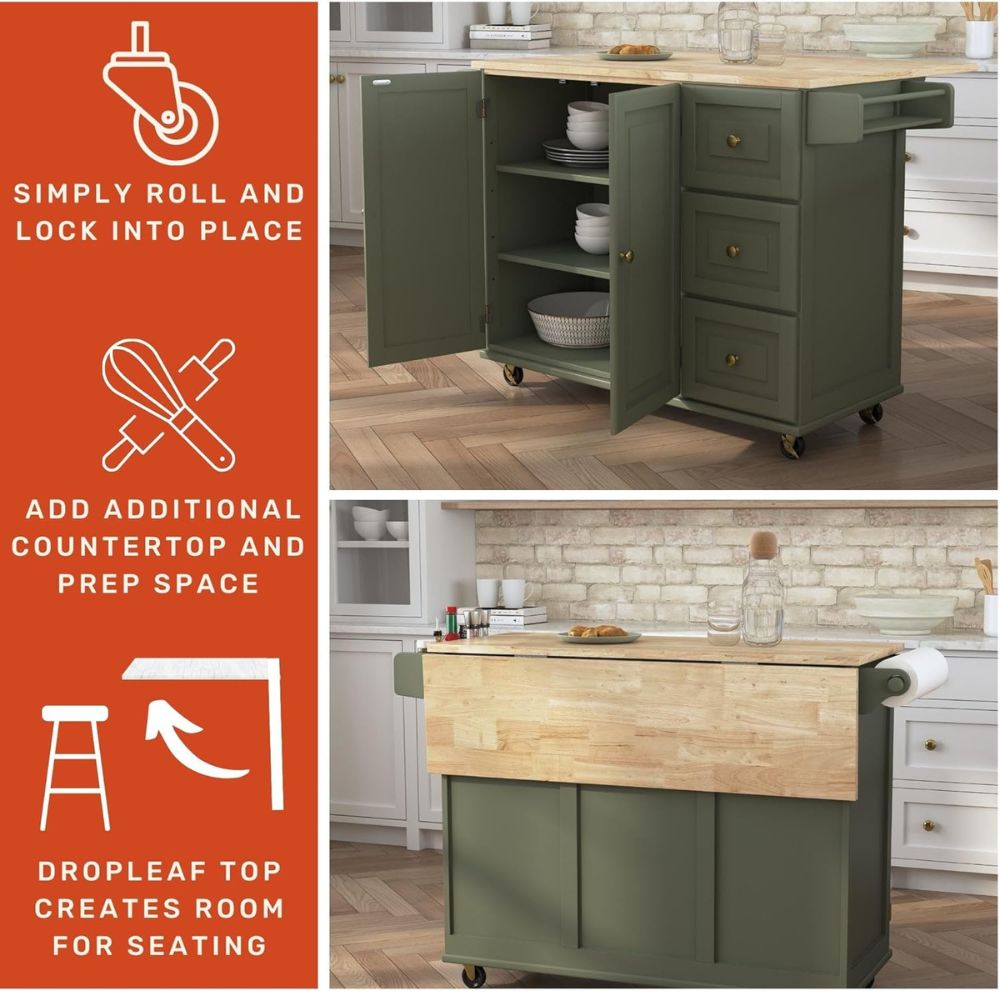 Kitchen Island Cart with Storage & Drop Leaf