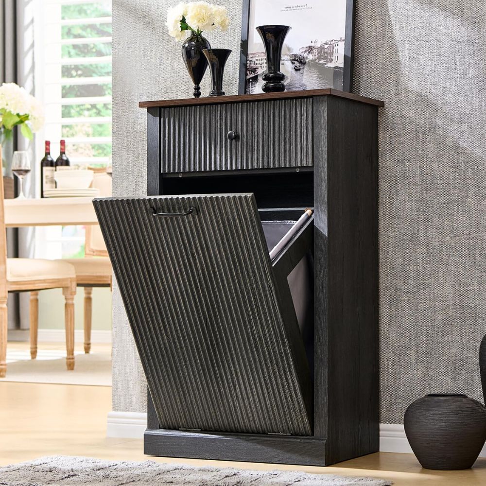 10 Gallon Tilt-Out Trash Can Cabinet with One Drawer & Fluted Design
