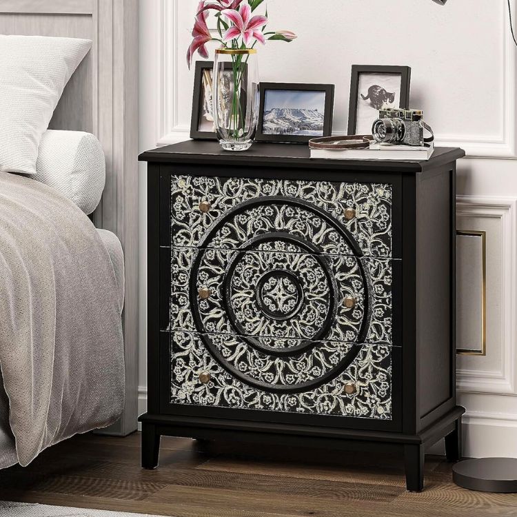 Set of 2 Flower Motif 3-Drawer Nightstands with Distressed White Wash Finish