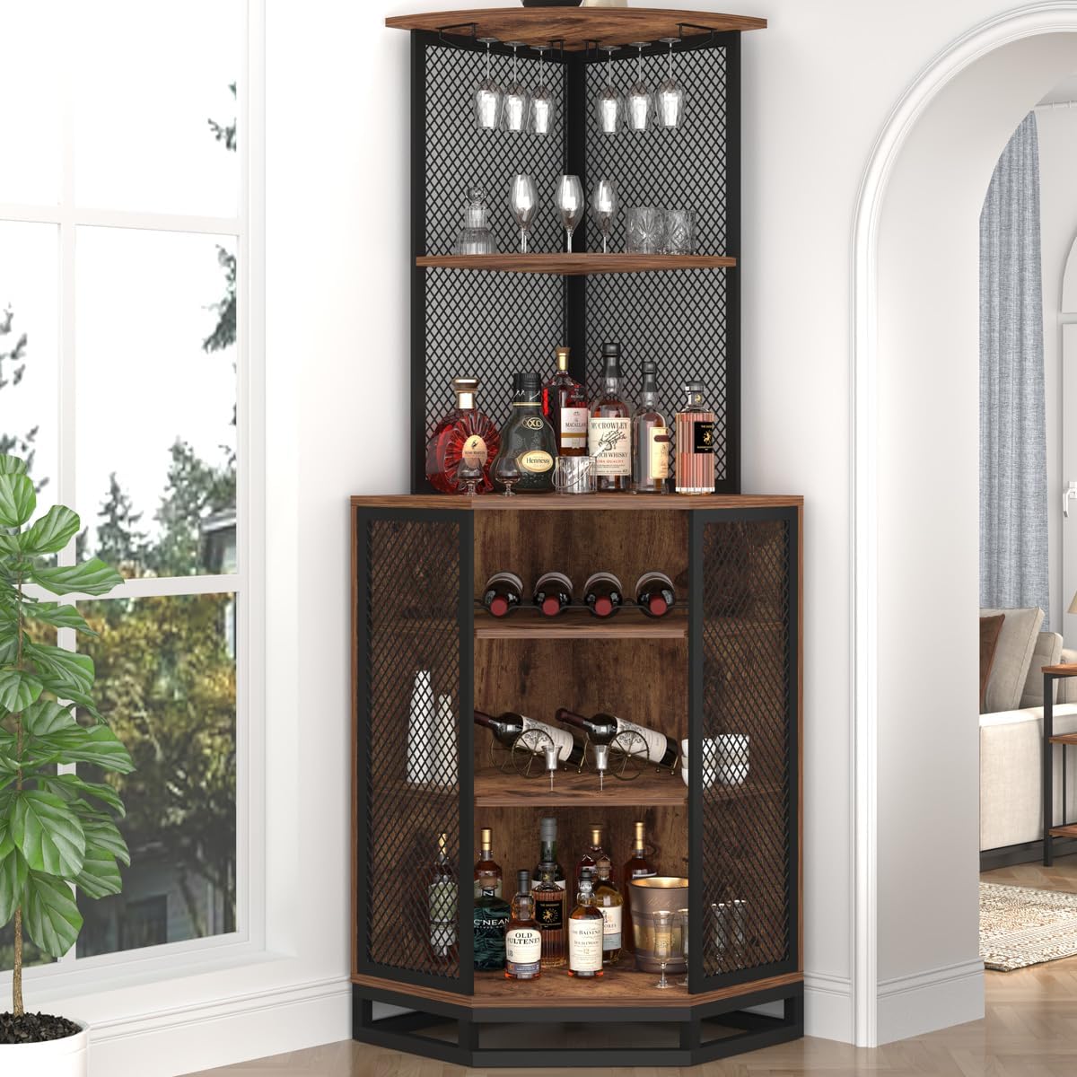 Corner Bar Wine Storage Cabinet with Adjustable Shelf & Glass Holder