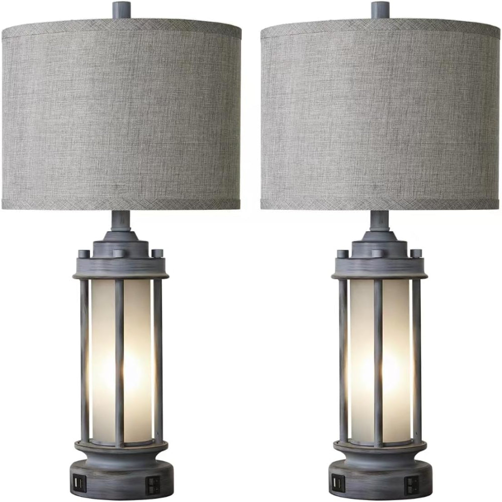 Set of 2 Tables Lamps with Built-In Frosted Glass  & USB Ports