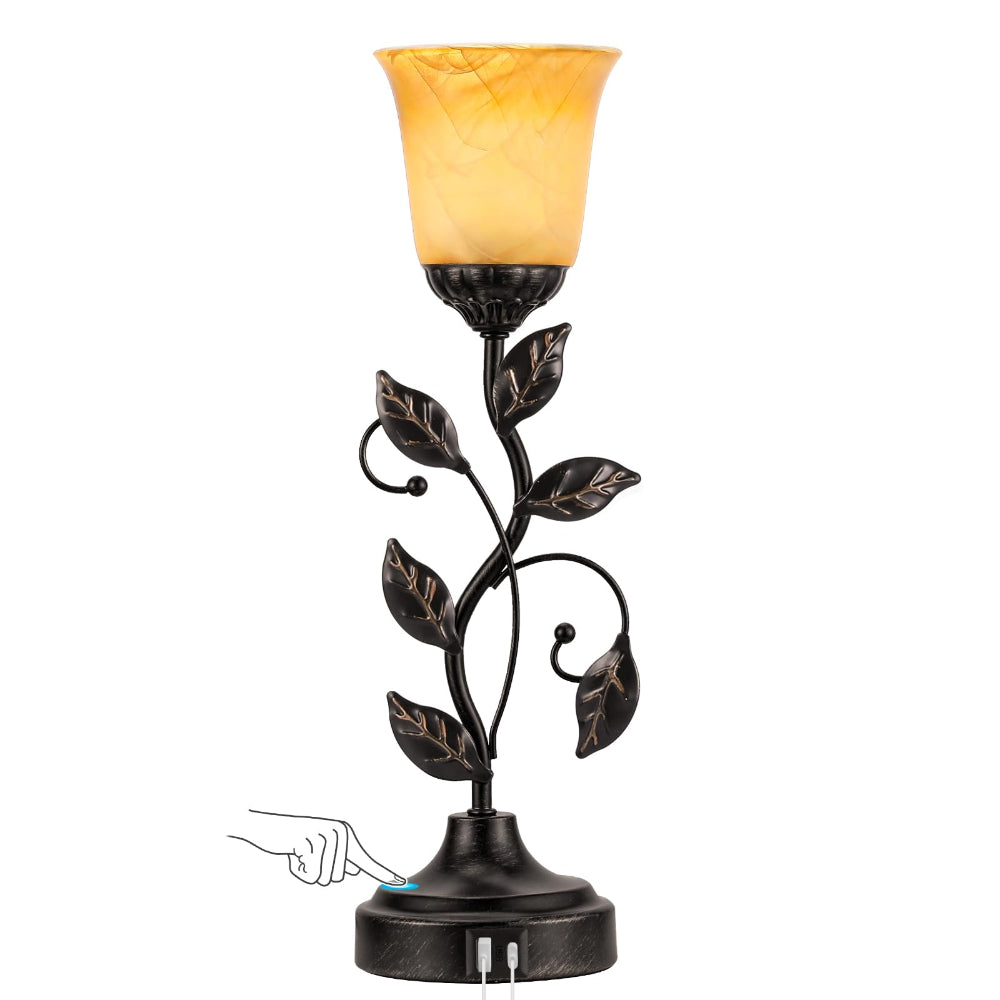 Touch Table Lamp USB Ports 3-Way Dimmable Amber Glass