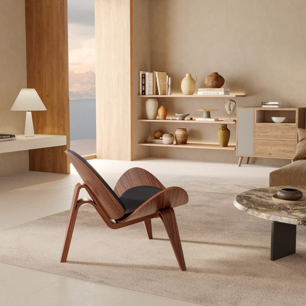 Mid Century Shell Lounge Chair, Faux Leather, Solid Wood