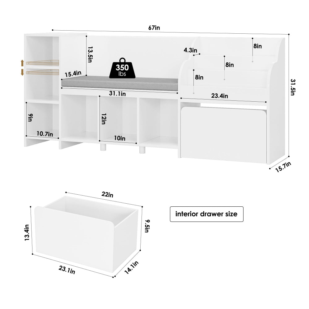 Kids Reading Nook & Bookshelf with Storage Bench - White