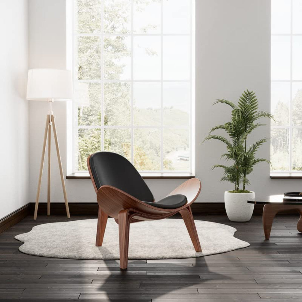 Mid Century Shell Lounge Chair, Faux Leather, Solid Wood
