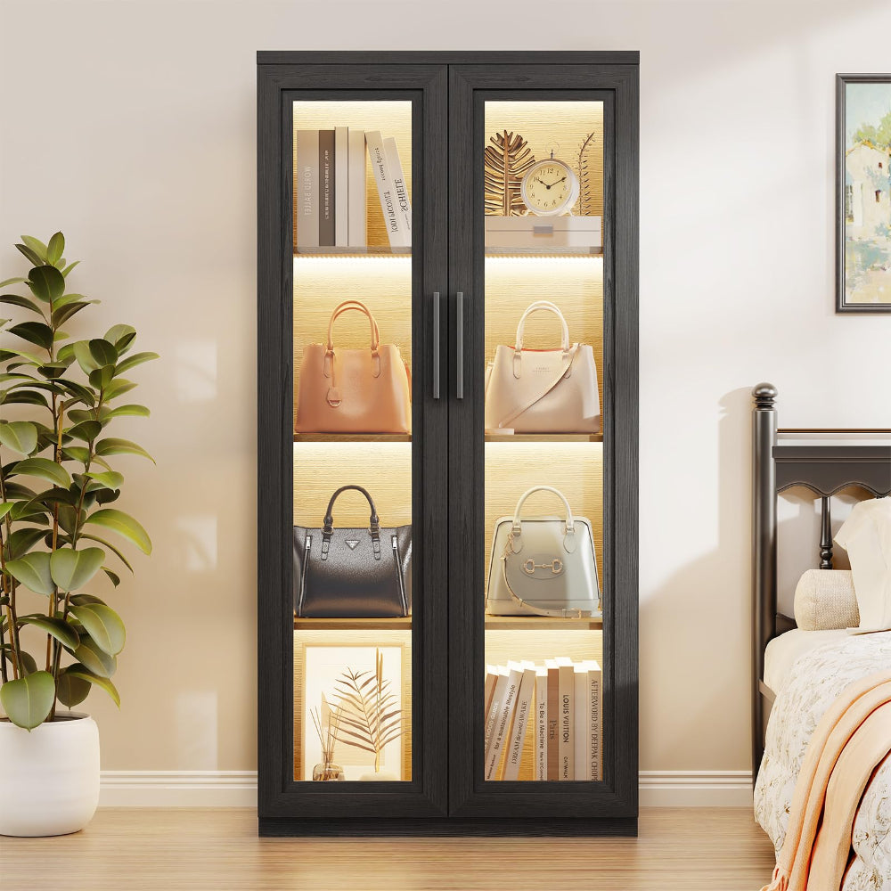 Curio Cabinet with Glass Doors & LED Lights - Modern Black