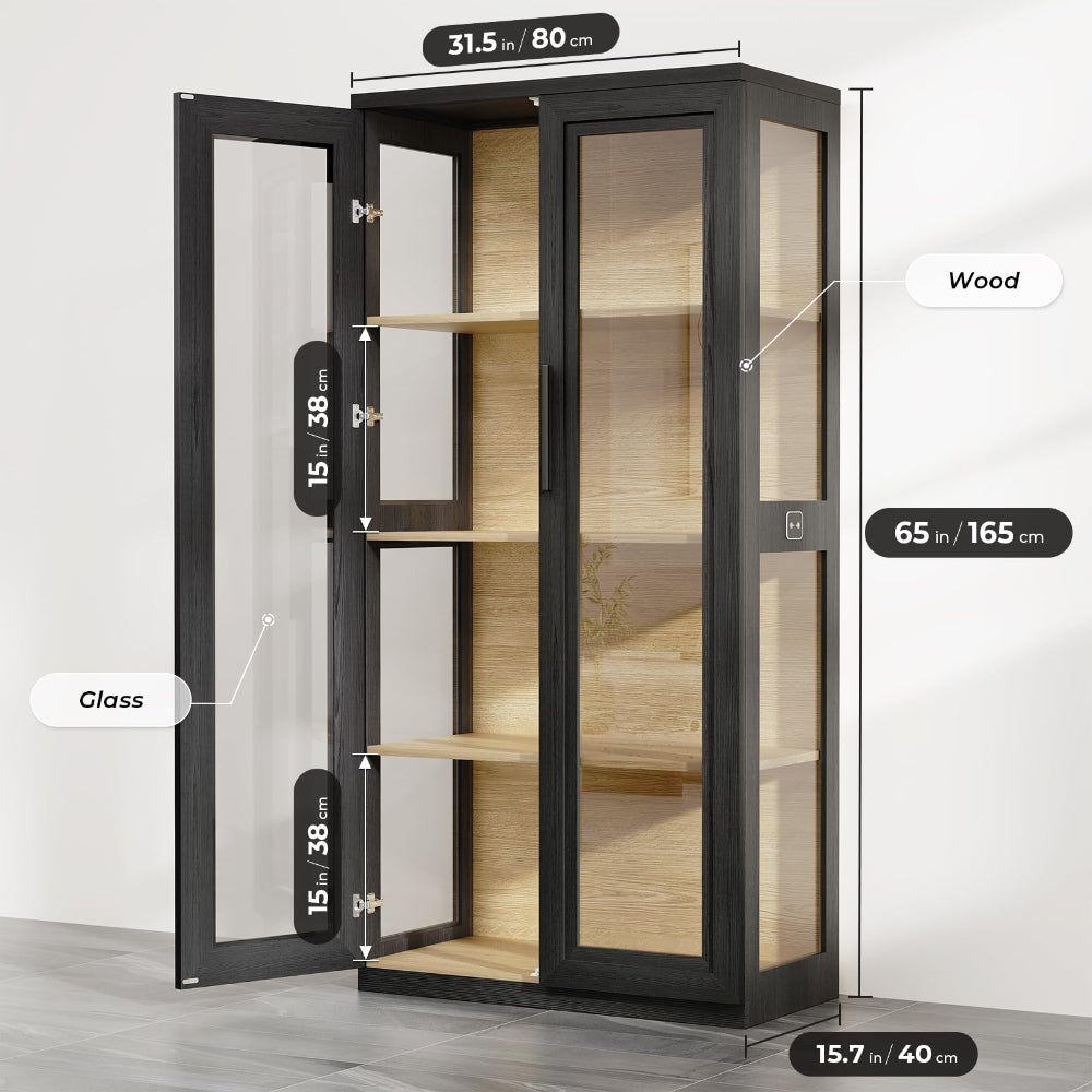 Curio Cabinet with Glass Doors & LED Lights - Modern Black