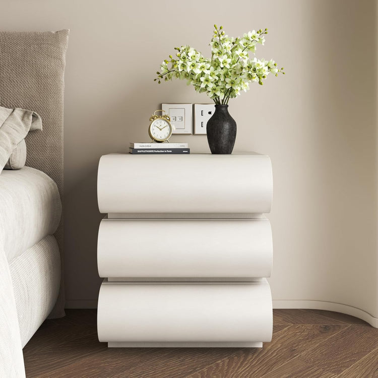 Leather Wrapped Nightstand with 3 Wooden Drawers & Curved Designed