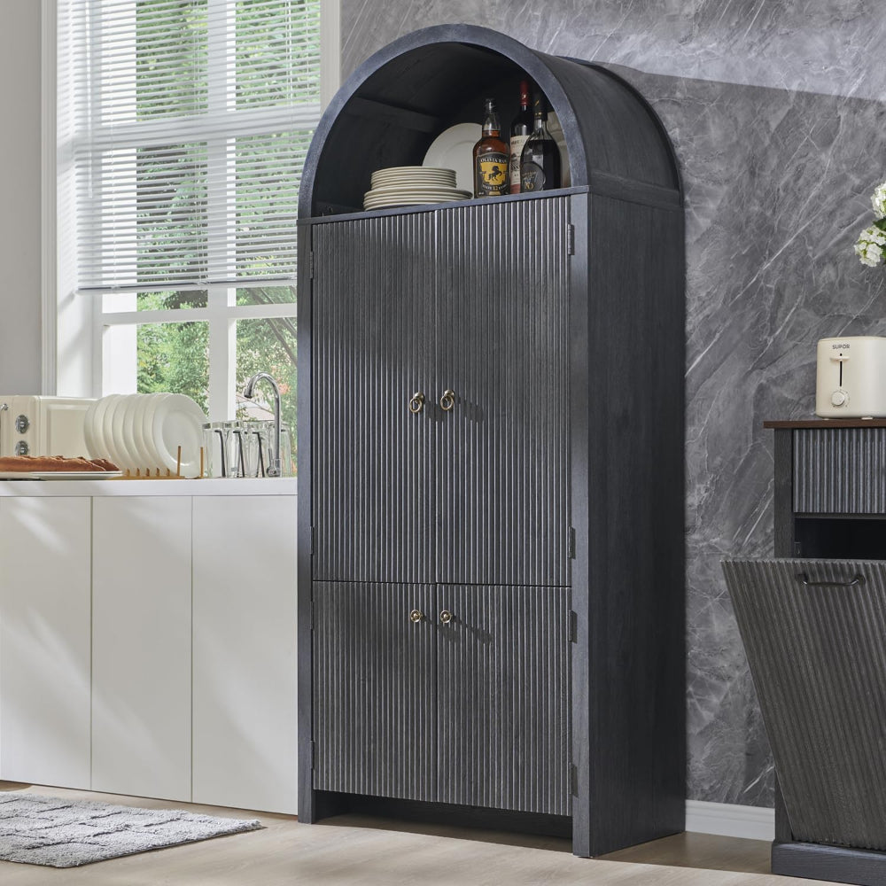 Arched Kitchen Pantry Cabinet with 6 Adjustable Shelves & Fluted Doors