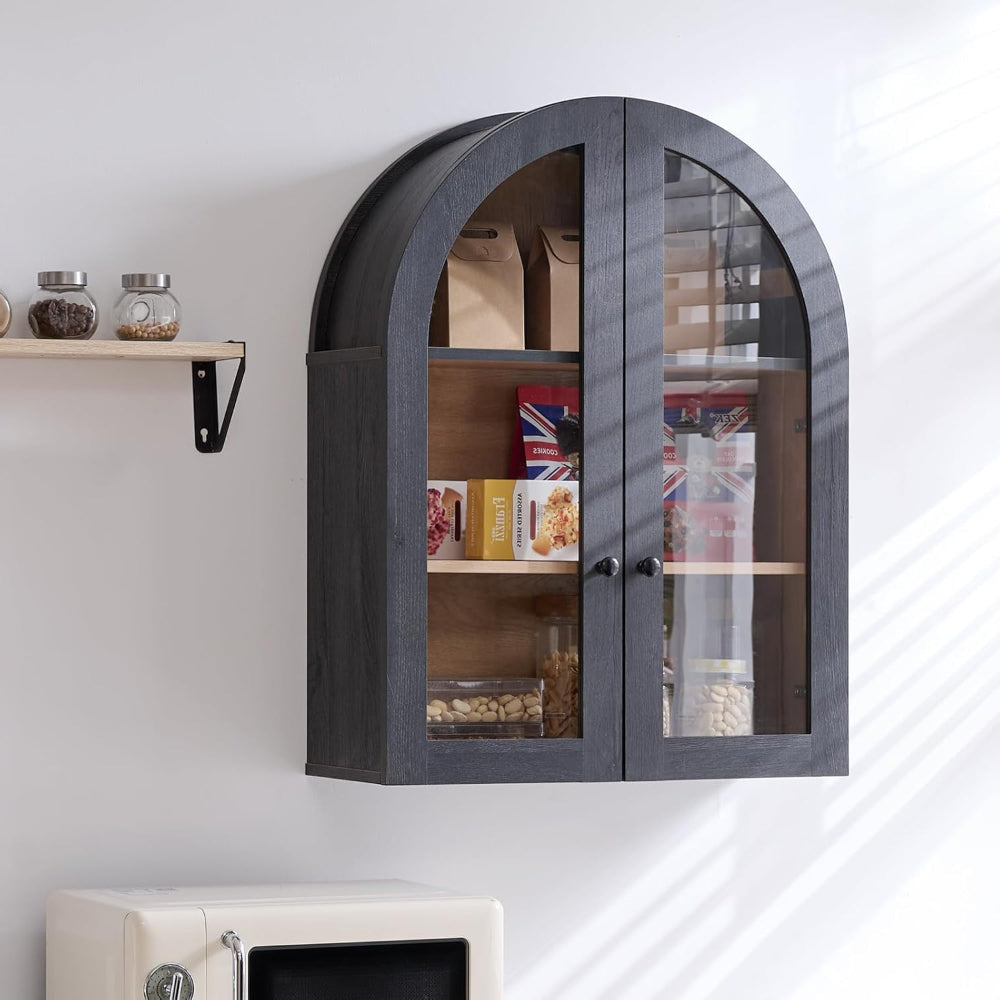 Arched Wall Storage Cabinet with Adjustable Shelves & Glass Door