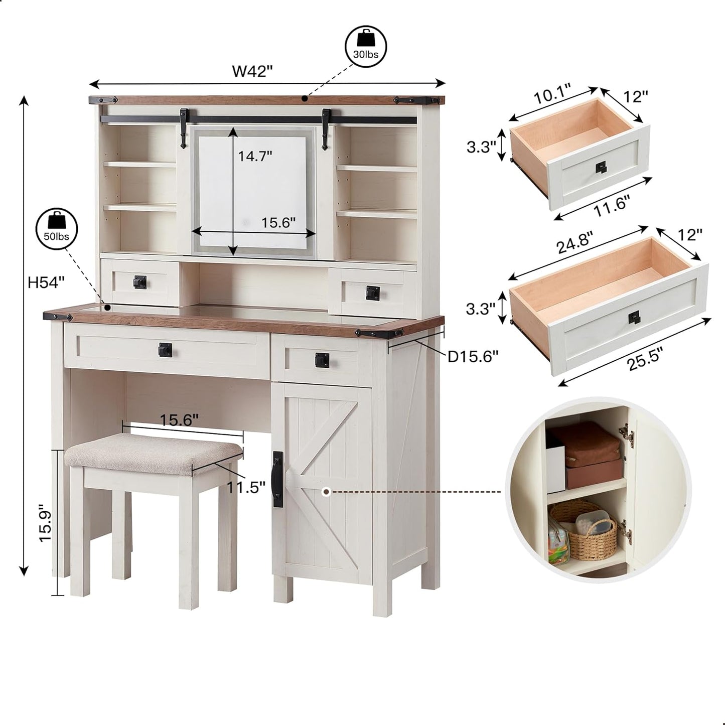 Farmhouse Vanity Desk with Lighted Mirror & Glass Top