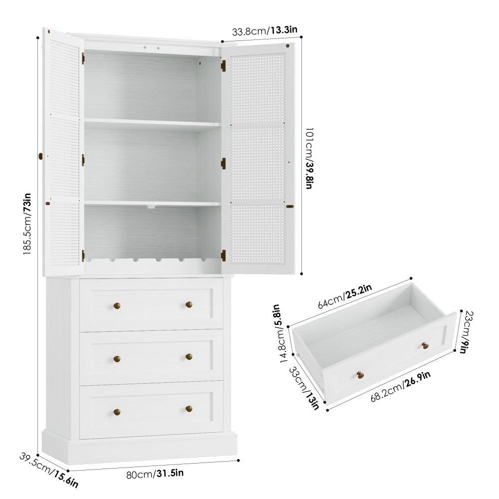73" Tall Pantry Cabinet, Rustic Wood, Adjustable Shelf, White