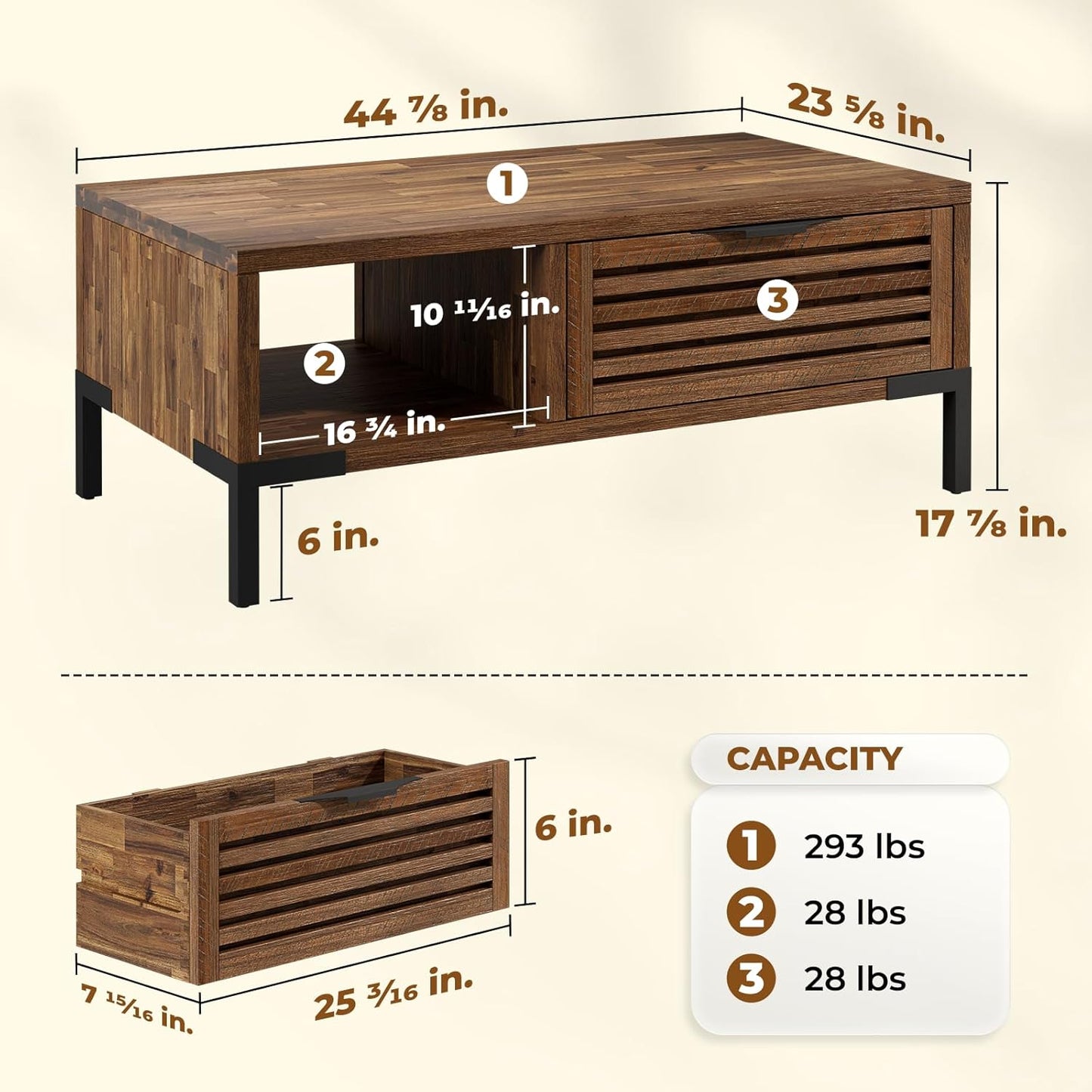 Coffee Table with Slatted Storage Drawers & Supporting Metal Legs