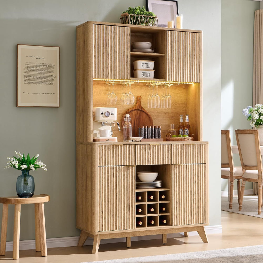 Wine Bar Cabinet with LED & Storage Hutch