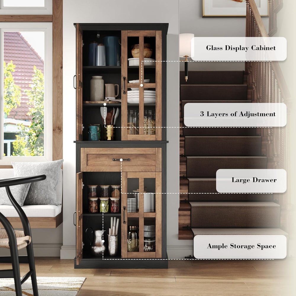 Kitchen Pantry Cabinet with Glass Doors & Drawer