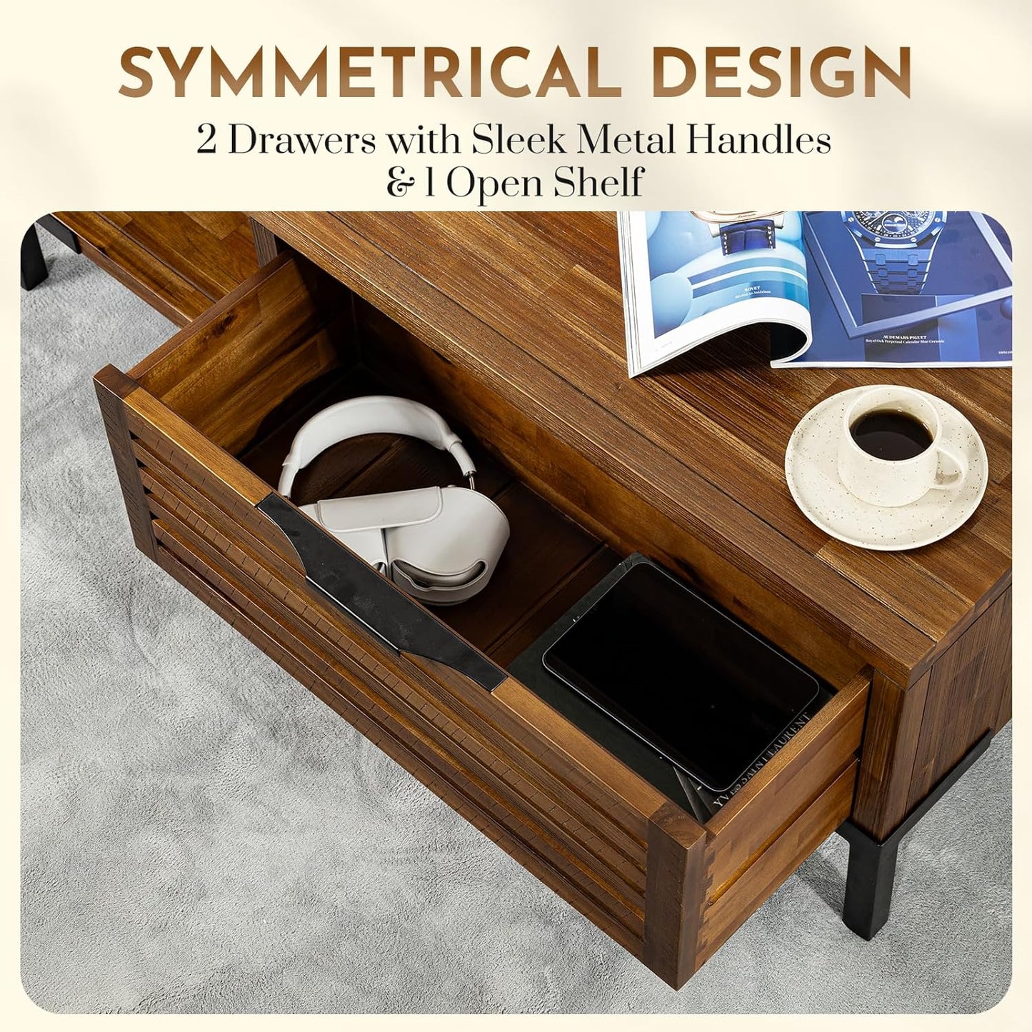 Coffee Table with Slatted Storage Drawers & Supporting Metal Legs