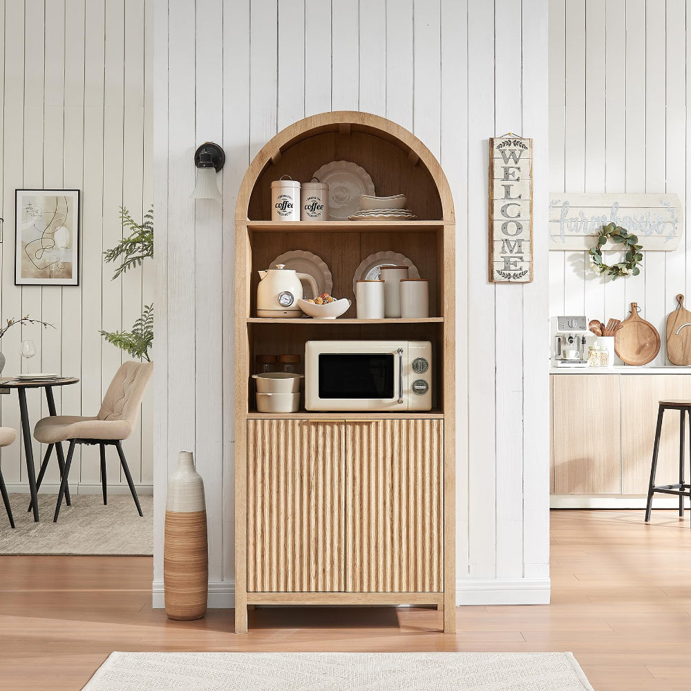 71” Arched Display Cabinet - Mid Century Bookshelf, Natural