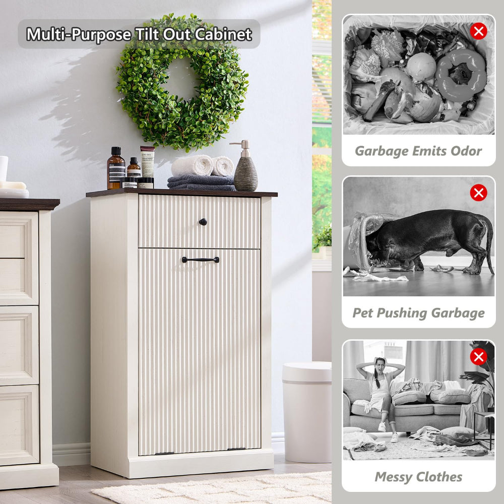 10 Gallon Tilt-Out Trash Can Cabinet with One Drawer & Fluted Design