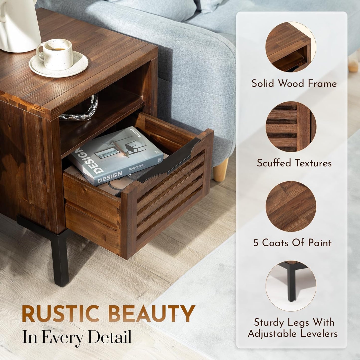 Nightstand with Slatted Drawer & Supporting Metal Legs