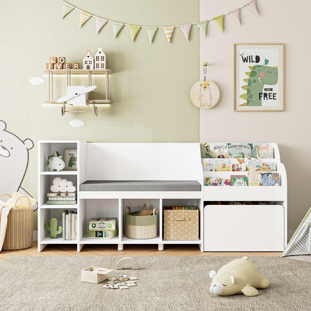 Kids Reading Nook & Bookshelf with Storage Bench - White