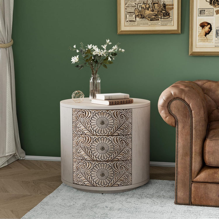 Round Shape 3-Drawer Nightstand with Vintage Patterns & Storage Space