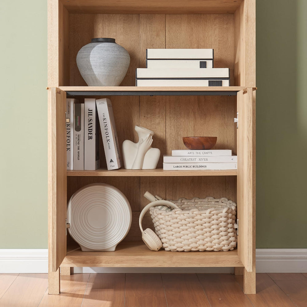 71” Arched Display Cabinet - Mid Century Bookshelf, Natural
