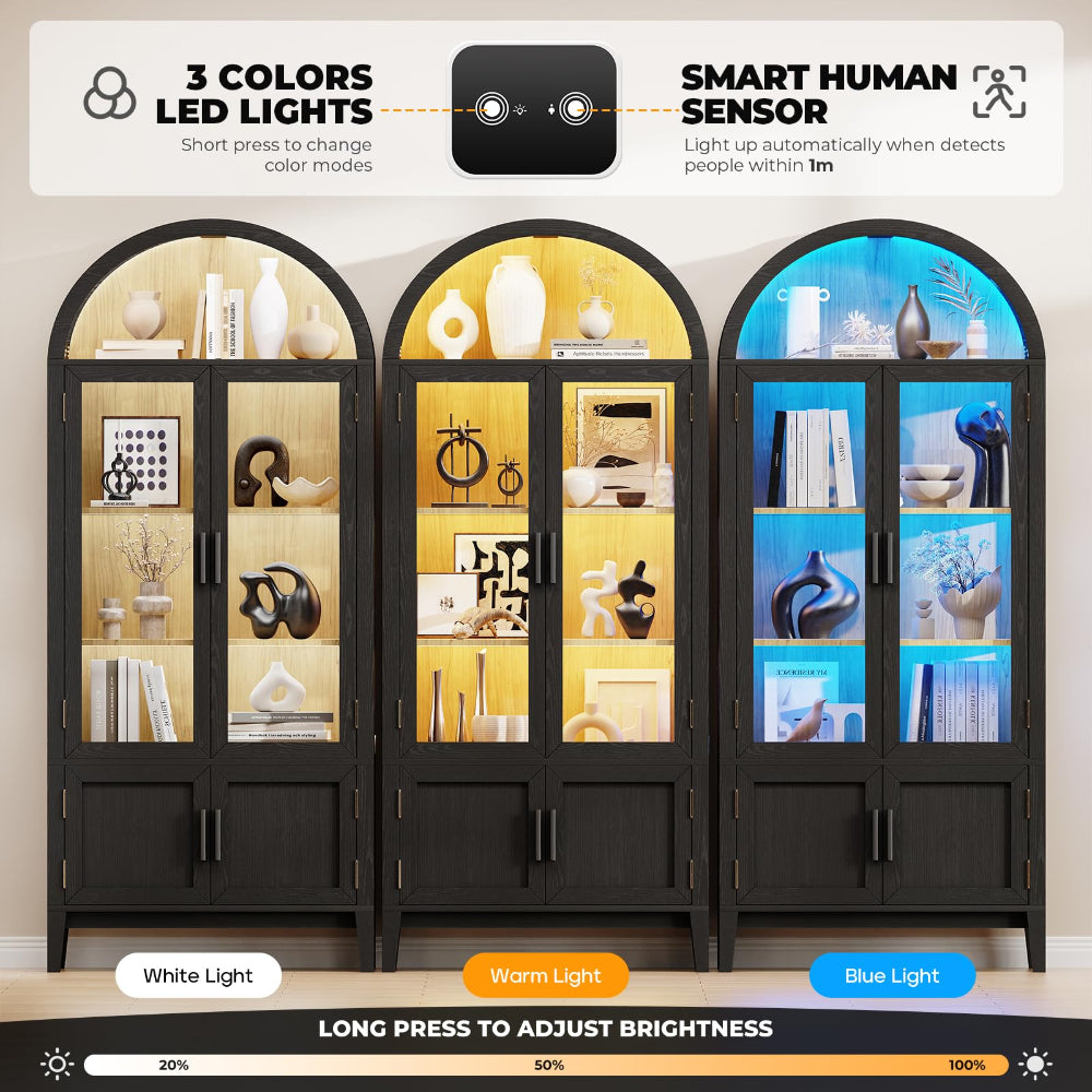 71" Tall Kitchen Cabinet - Glass Doors, LED Lights, Sensor Tech