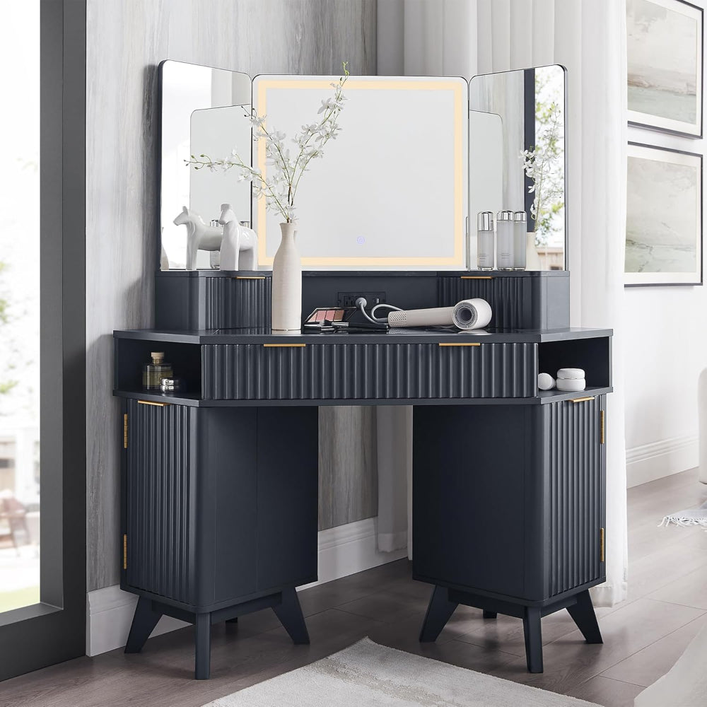 Fluted Makeup Vanity Desk with 3 Way Mirror and Lights