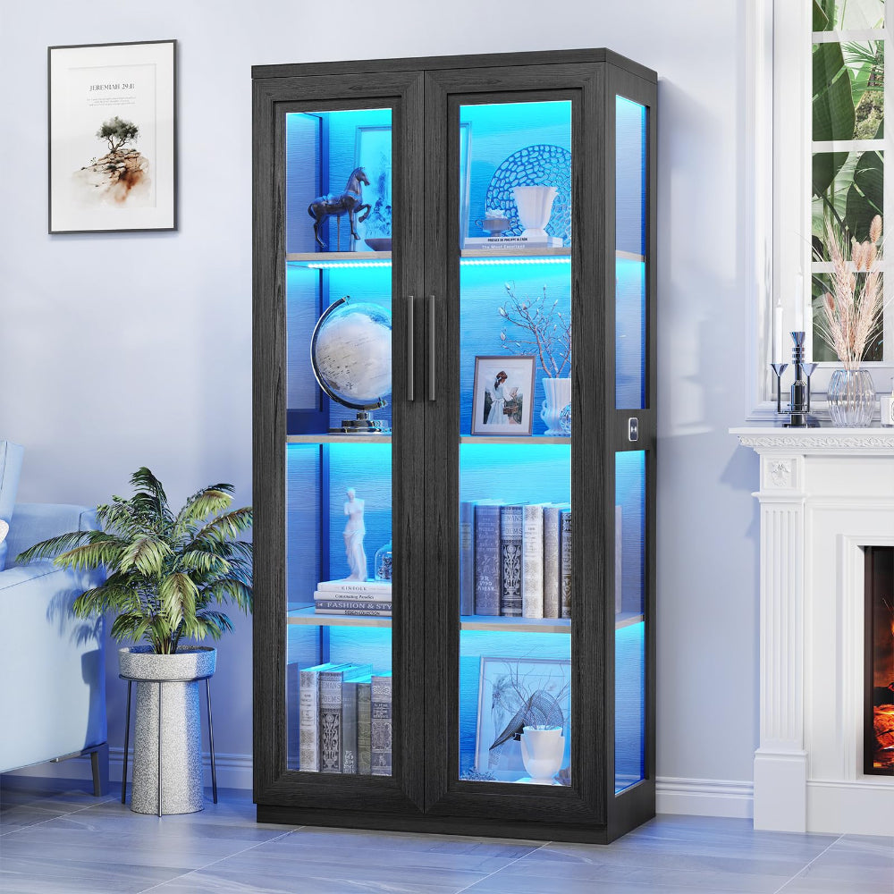 Curio Cabinet with Glass Doors & LED Lights - Modern Black