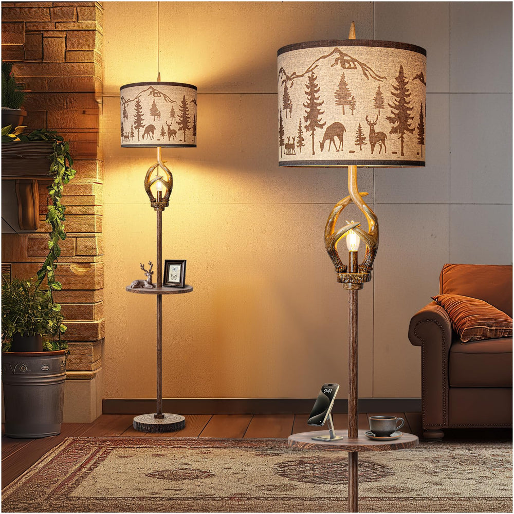 Rustic Antlers Floor Lamp with Tray & Night Light - Farmhouse Style