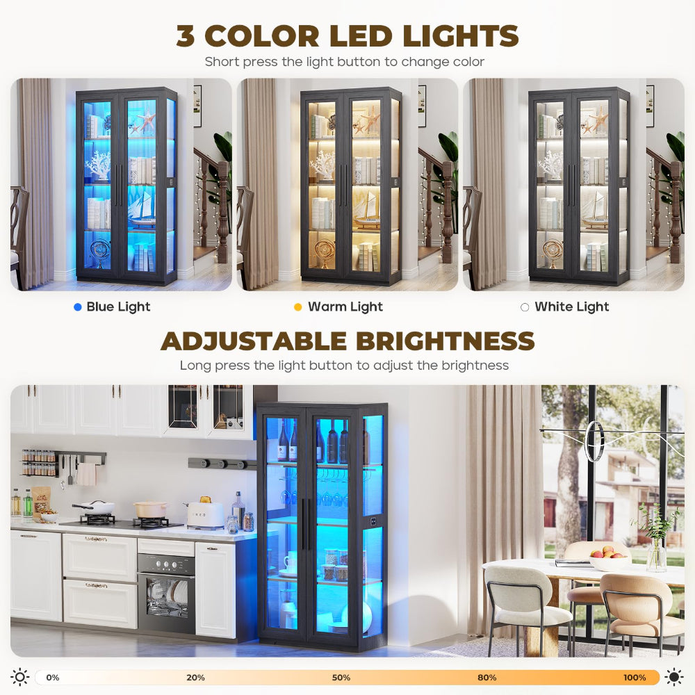 Curio Cabinet with Glass Doors & LED Lights - Modern Black