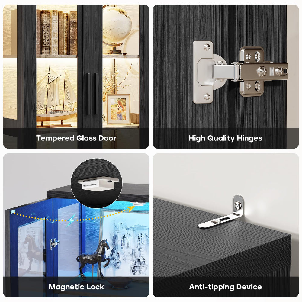Curio Cabinet with Glass Doors & LED Lights - Modern Black