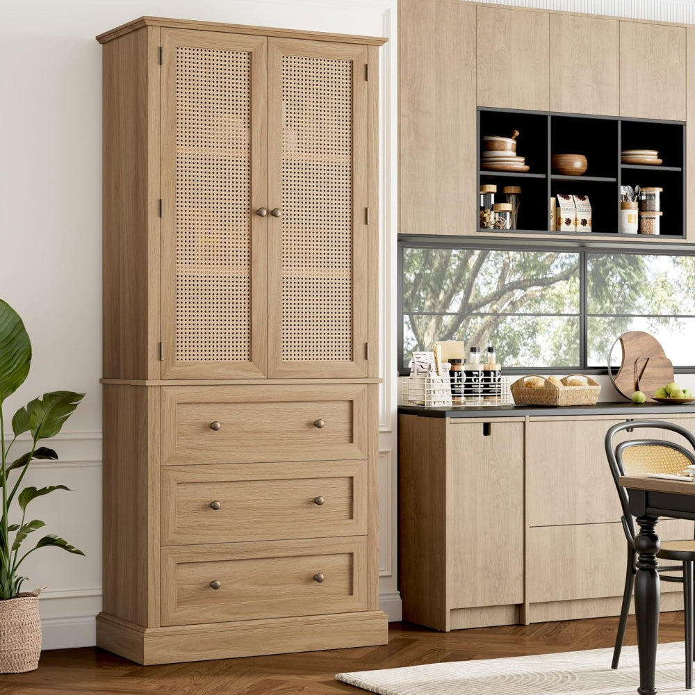 Kitchen Pantry Cabinet with Rattan Doors & 3 Bottom Drawers