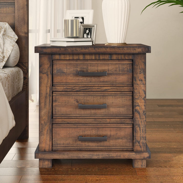 3-Drawer Pine Wood Rustic Nightstand with Antique Metal Handles