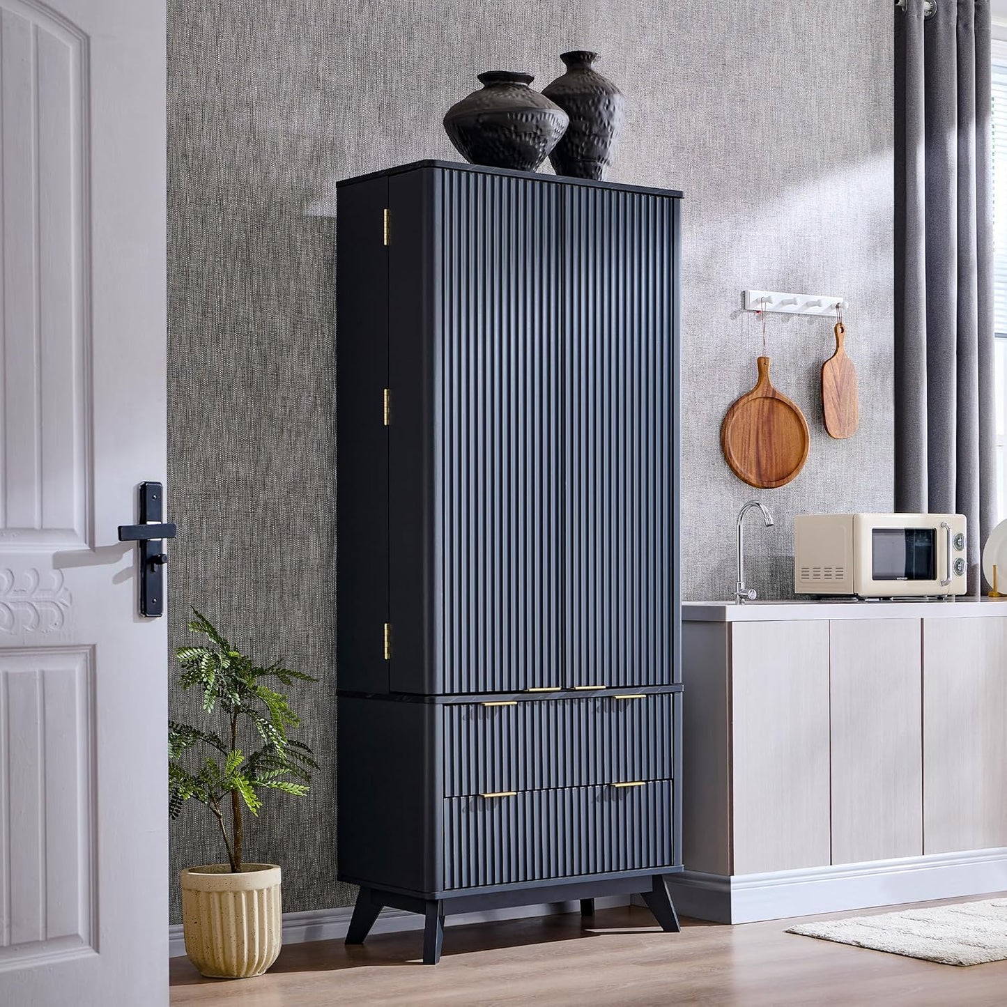 Fluted Kitchen Pantry Storage Cabinet with 10 Door Shelves & 2 Drawers