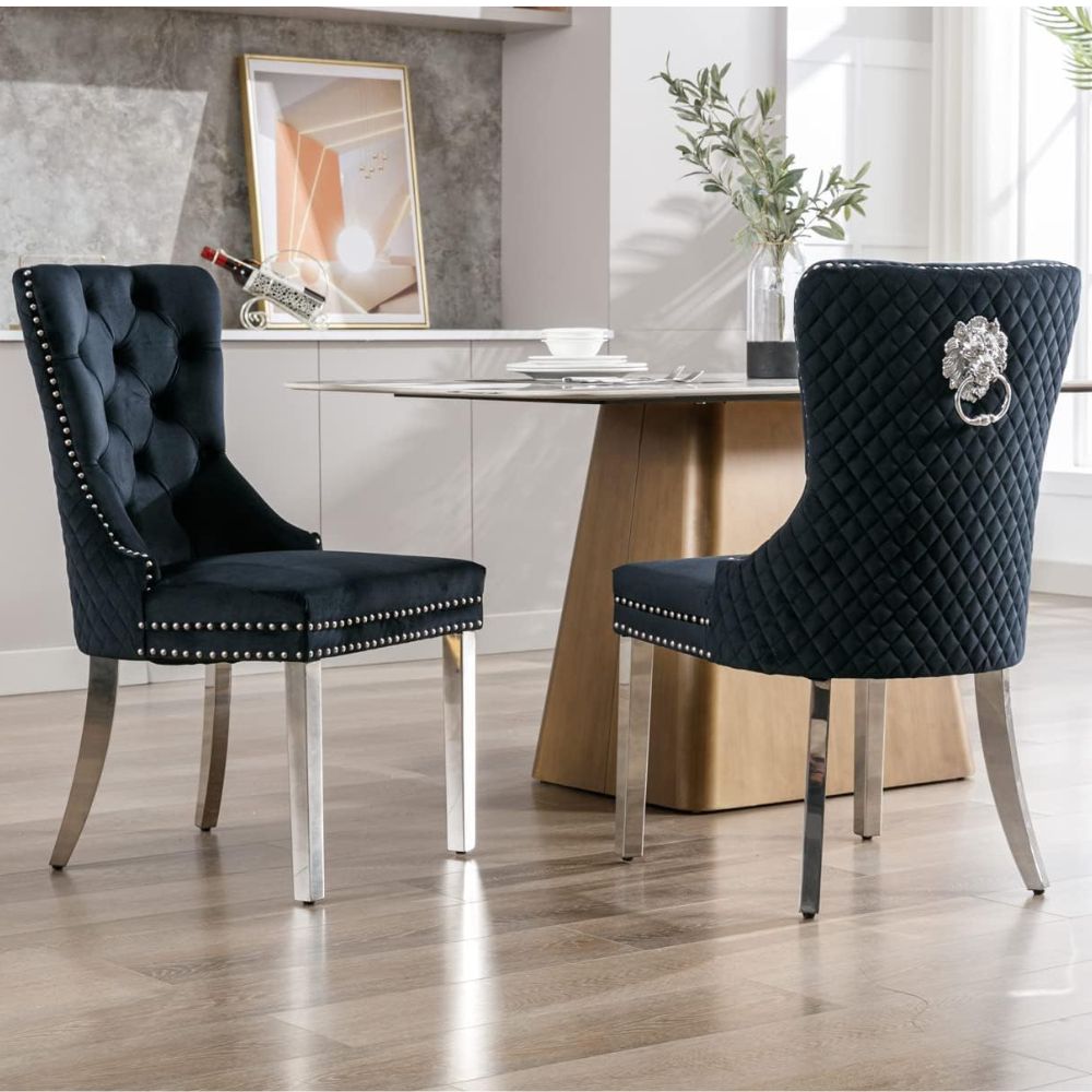 Velvet Tufted Dining Chairs with Nailhead Trim and Metal Legs (Set of 2)