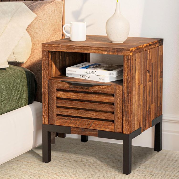 Nightstand with Slatted Drawer & Supporting Metal Legs