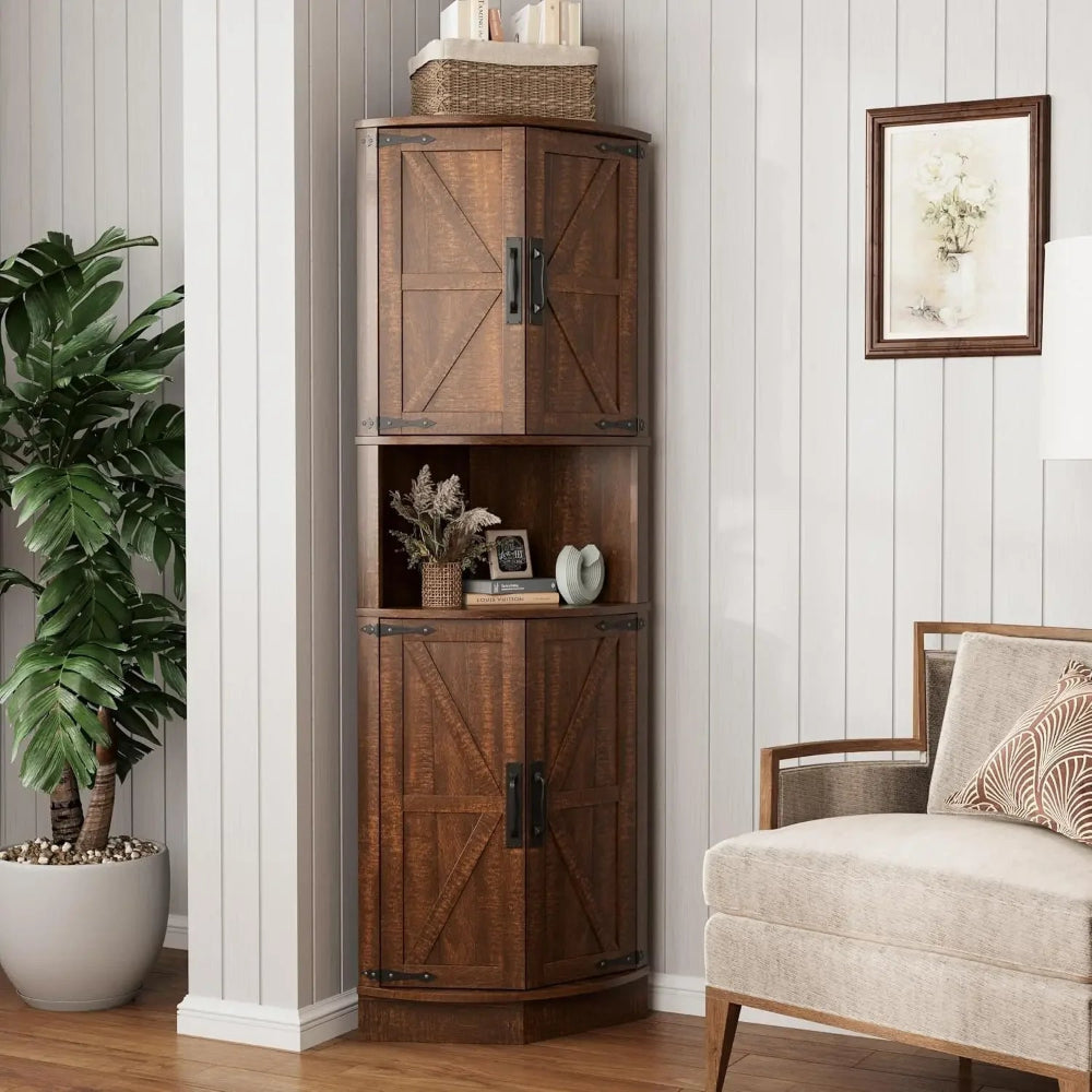 Farmhouse Corner Cabinet with Barn Doors & 5 Shelves, 64.8" Tall