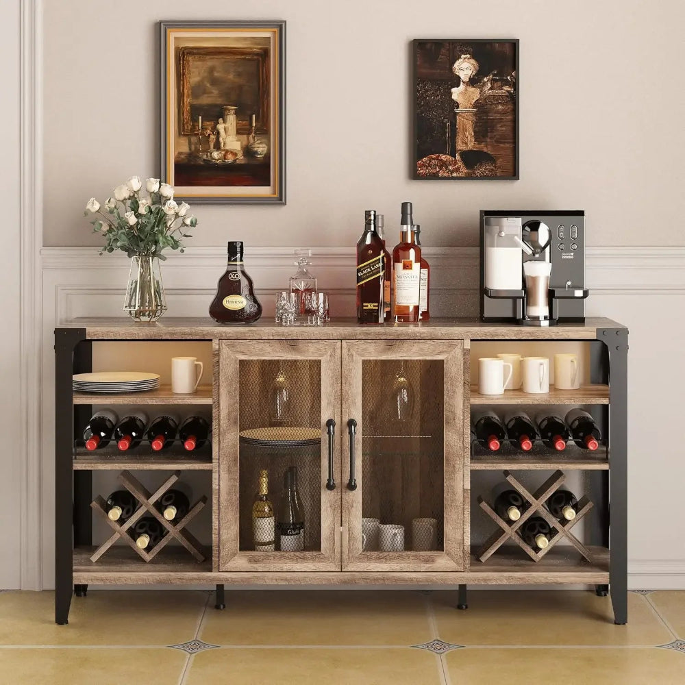 Farmhouse Wine Bar Cabinet with LED Lights & Storage, 58in