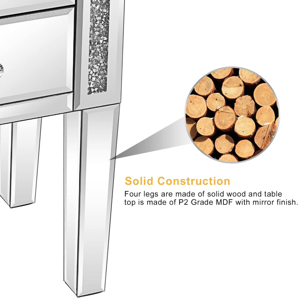 Silver Glass Mirrored Nightstands - Set of 2 with Storage