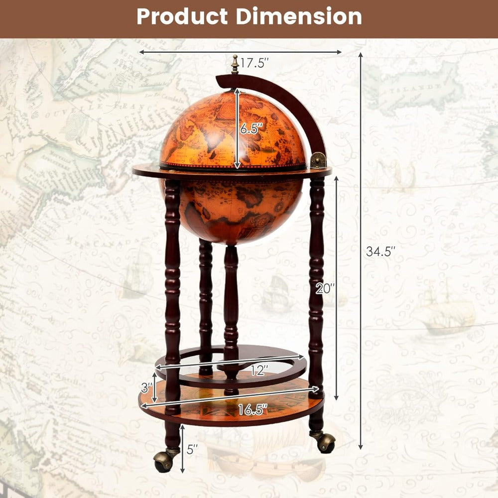 Globe Bar Liquor Cabinet - 17.5” Old World Map Wine Cart