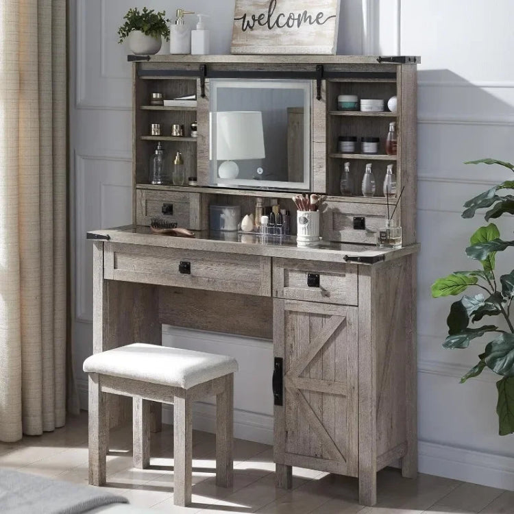 Farmhouse Vanity Desk with Mirror & Lights, 42'' Glass Top