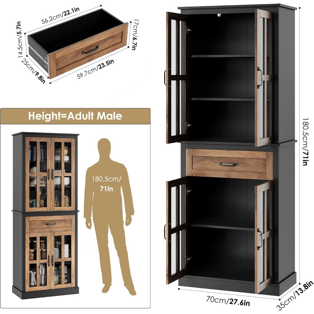 71'' Kitchen Pantry Cabinet with Glass Doors & Drawer