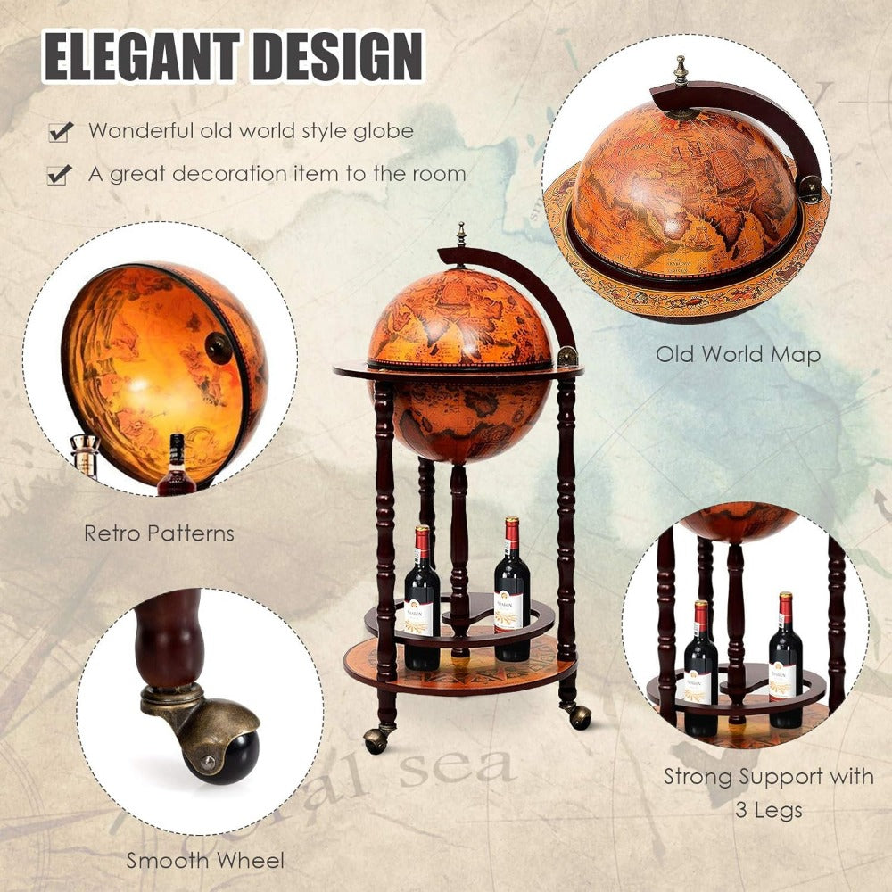 Globe Bar Liquor Cabinet - 17.5” Old World Map Wine Cart