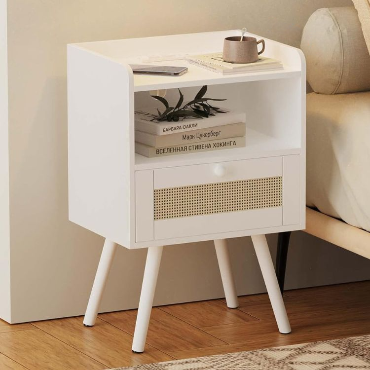 Set of 2 Nightstands Wooden Rattan Drawer with Solid Legs & USB Ports