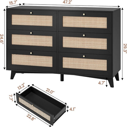 6-Drawer Dresser with Natural Rattan & Gold Handles